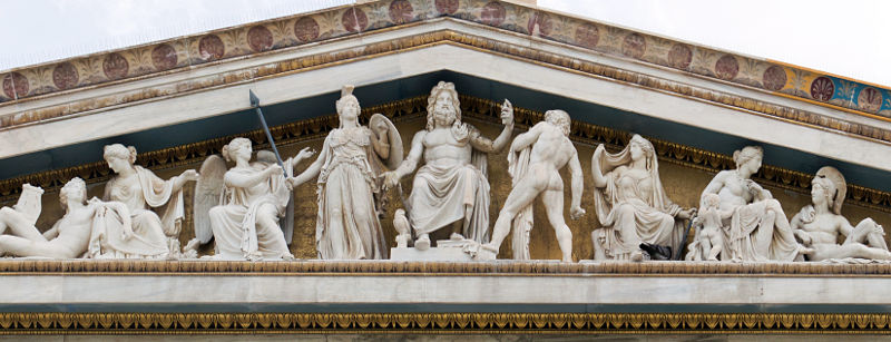 ancient Greek gods and deities statues in Neo classical pediment of the national academy of Athens